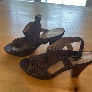 Brown Heeled Sandals with Laser-Cut Design
